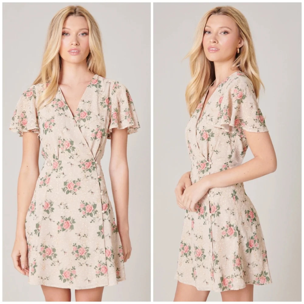 Sugarlips Cream Floral Mini Dress with Pink Roses - Picture 7 of 10